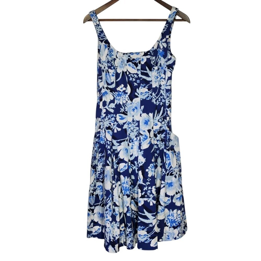 Lauren Ralph‎ Lauren Dress Womens 6 Blue Floral Pleated Pockets Fit And Flare